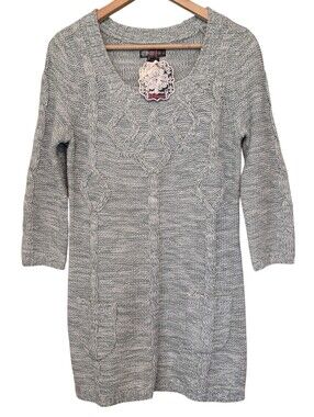 J.J. Basics NWT Y2k Gray Preppy Cableknit Front Pocket Mini Sweater Dress Sz L